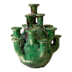 Handcrafted Tamegroute Green Glazed Multi-Spout Ceramic Sculpture