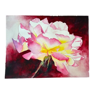 Late 20th Century Original Watercolor, Pink Rose, Unframed For Sale