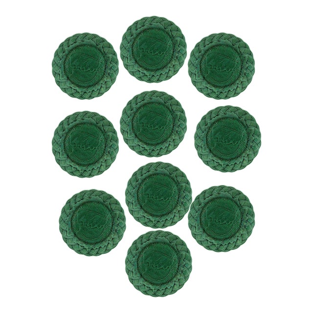 Antique English Green Majolica Plates, Set of 10 For Sale