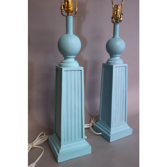 1980s Coastal Regency Aqua Fluted Obelisk Table Lamps - a Pair For Sale - Image 4 of 5