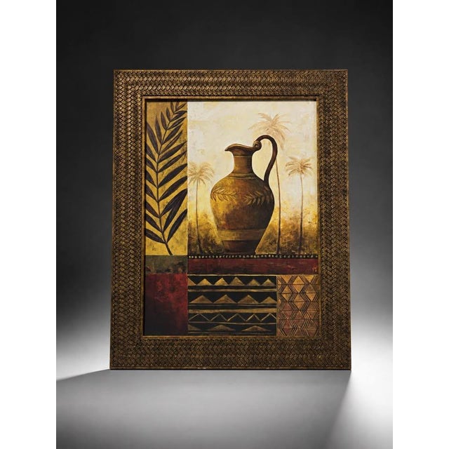 Elegant framed wall art featuring a central urn motif with palm tree accents, geometric patterns, and warm Mediterranean-...