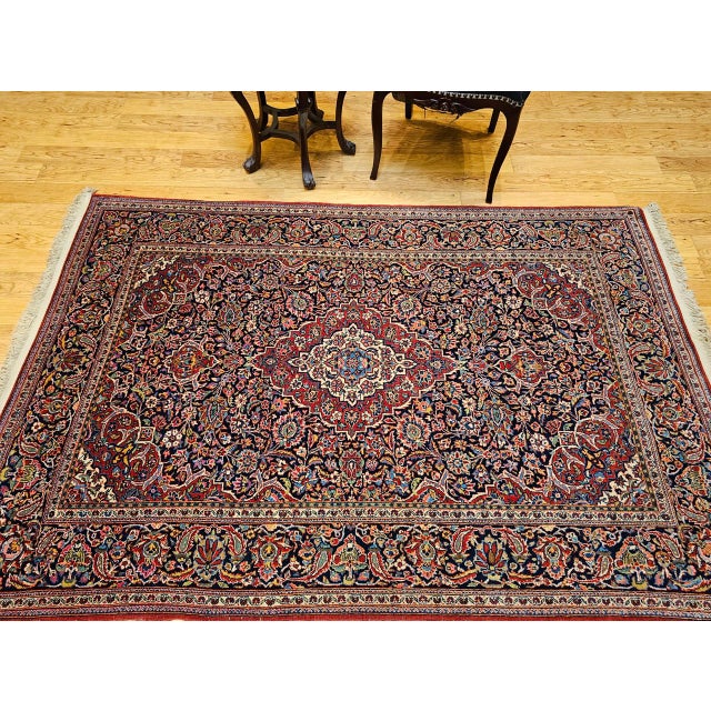 Vintage Persian Kashan Area Rug, Hand-Knotted Wool, Floral Pattern, Navy & Red, 5x7 For Sale In Chicago - Image 6 of 16