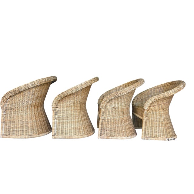 Wood Vintage Organic Modern Wicker Pedestal Dining Table & 4 Barrel Chairs, 48” Glass Top For Sale - Image 7 of 17