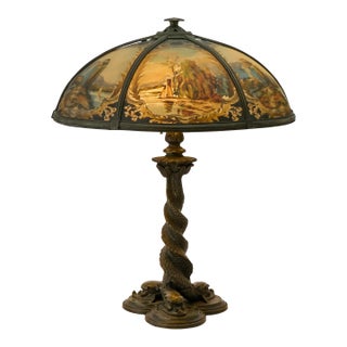Bradley & Hubbard Reverse-Painted Glass and Patinated Metal Scenic Table Lamp For Sale