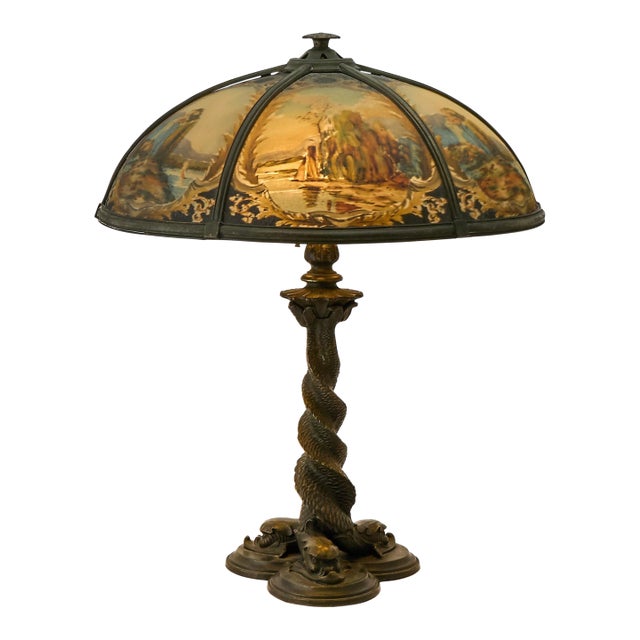 Bradley & Hubbard Reverse-Painted Glass and Patinated Metal Scenic Table Lamp For Sale