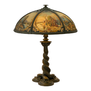 Bradley & Hubbard Reverse-Painted Glass and Patinated Metal Scenic Table Lamp