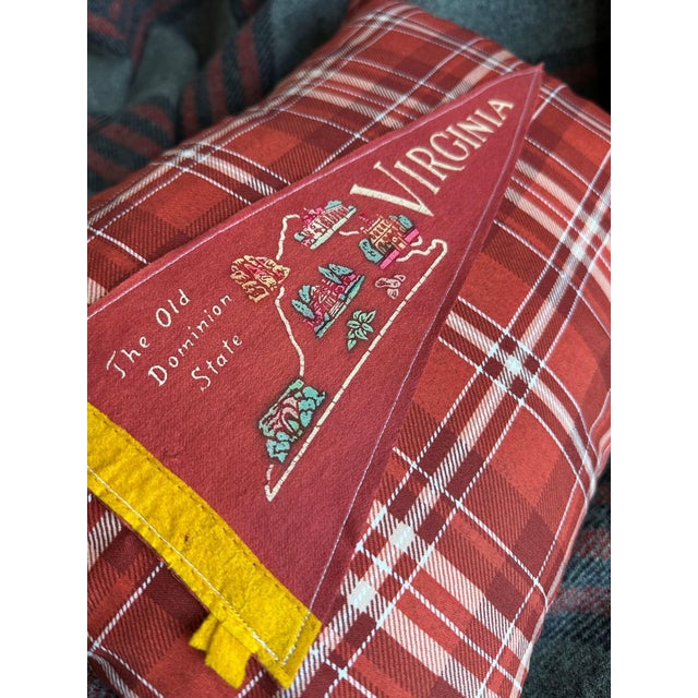 Description: Vintage Virginia Red Felt Pennant from around the 1960s, unknown date. New red plaid woven cotton fabric used...