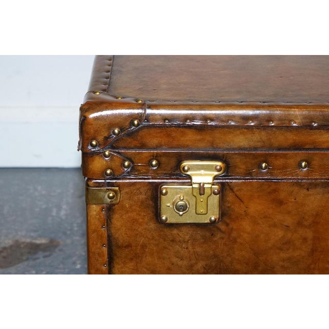 Vintage Hand-Dyed Brown Leather Lockable Storage Steamer Trunk For Sale - Image 18 of 18