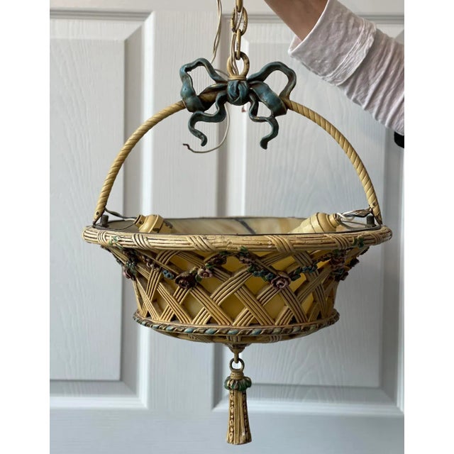 Light Yellow Vintage 1920s Floral Basket Chandelier With Caramel Slag Glass For Sale - Image 8 of 8
