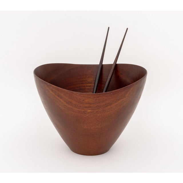 Ernst Henriksen Teak Salad Bowl Set, with pair of salad servers, the bowl marked "Ernst / Made in Denmark / Henriksen" to...