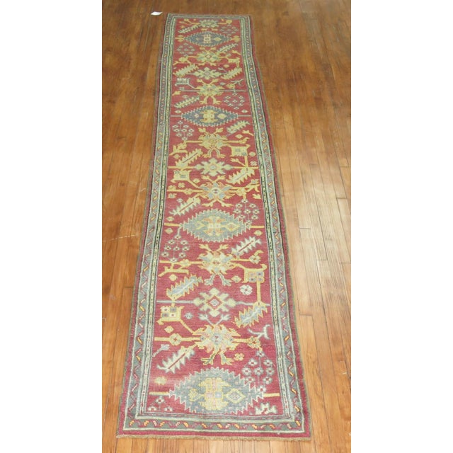 Gustavian (Swedish) Narrow Dark Antique Red Oushak Runner - 2'5" x 13'6" For Sale - Image 3 of 6
