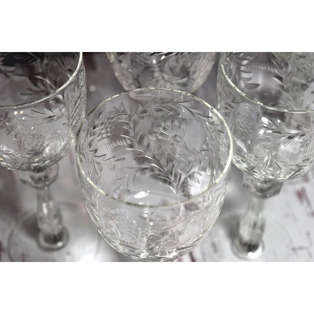 Vintage Rock Sharpe Paisley Pattern Etched Glass 8" Water Goblets Stems - Set of 7 For Sale - Image 11 of 18