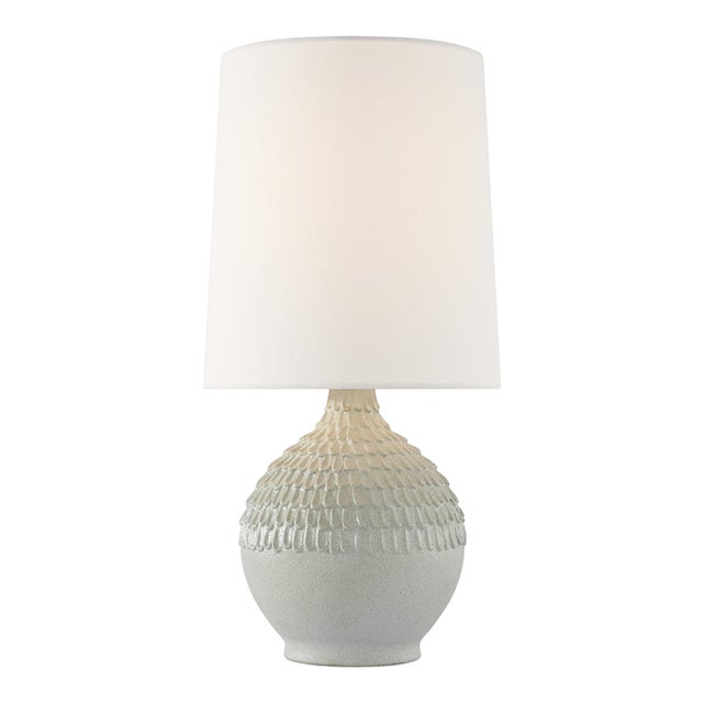 AERIN by Visual Comfort Signature Morava 17" Hand Carved Table Lamp in Volcanic White with Linen Shade For Sale