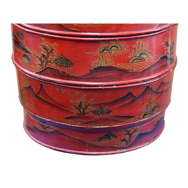Vintage Chinese Red Golden Scenery Graphic Round Wood Stack Basket Table For Sale - Image 9 of 12