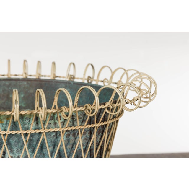 Rustic French Midcentury Oval Metal Cachepot with Scrolling Effects For Sale - Image 12 of 12