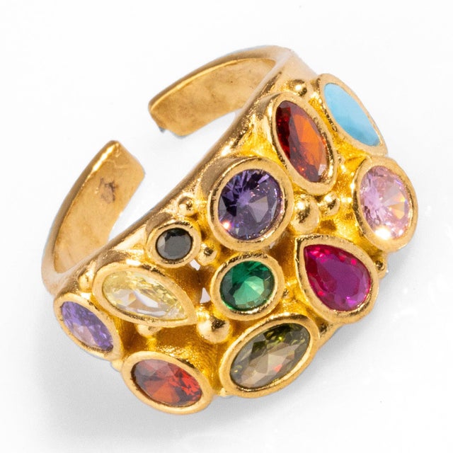 2020s Teardrop Colorful Multi Gemstone & Gold Adjustable Statement Ring For Sale - Image 5 of 6
