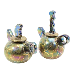 Vintage Sculptured Art Pottery Iridescent Tea Pot and Creamer, Signed- Set of 2