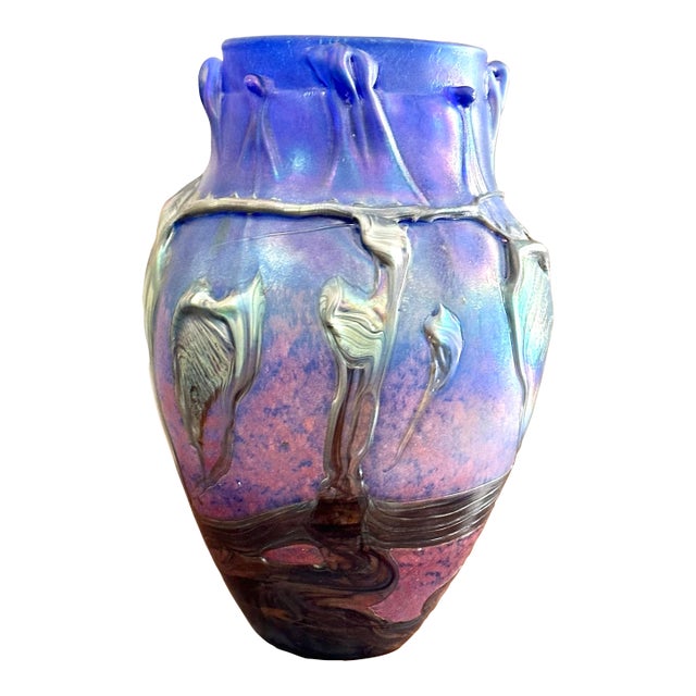 14" Signed Vase Jean-Claude Novaro 1986 Iridescent Cobalt Blue Vase For Sale