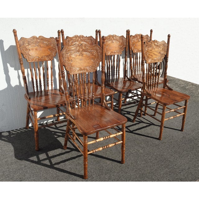 Set of Six Vintage Oak Pressback Dining Room Chairs ~ French Country 2of 2 For Sale - Image 4 of 12