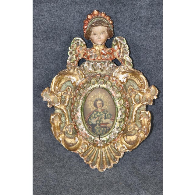 Pair Antique Carved and Gilded Wood Wall Reliquary Plaque With Angel Crests For Sale - Image 4 of 10