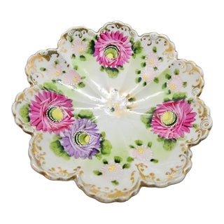 Vintage Floral Bone China Gold Rim Handle Hand Painted Candy Nut Dish For Sale