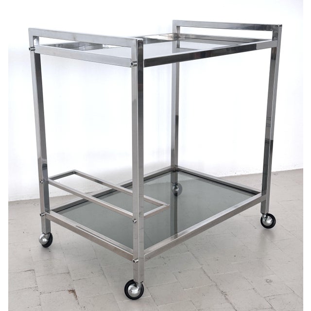Mid-Century Italian Chrome and Glass Two Tier Rolling Bar Cart, 1970s For Sale - Image 6 of 17