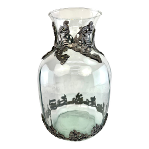 1980s Clear Glass Vase With Applied Cast Metal Bird and Foliage Motif