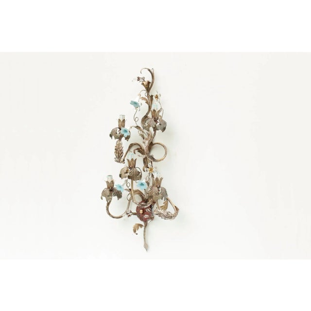 Blue Large Italian Wall Lamp with Glass Flowers in the style of Banci Firenze, 1970s For Sale - Image 8 of 11