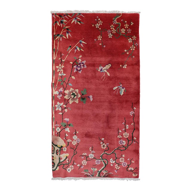 3'x6' Vintage Chinese Art Deco Wool Rug | Rose Floral & Butterfly, Hand-Knotted Rug For Sale