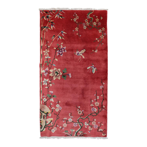3'x6' Vintage Chinese Art Deco Wool Rug | Rose Floral & Butterfly, Hand-Knotted Rug