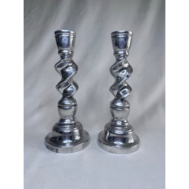 Vintage English Traditional Barley Twist Small Silver Tone Candlesticks, a Pair For Sale - Image 4 of 11