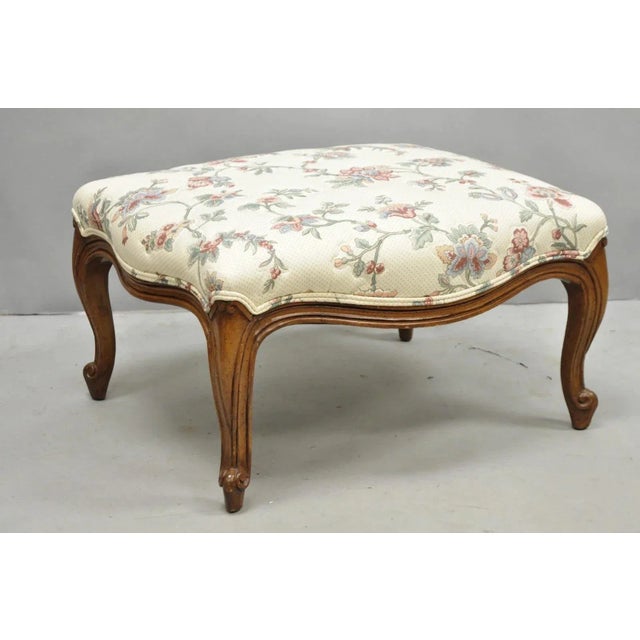 Vintage French Country Louis XV Carved Walnut Pink Floral Footstool Ottoman For Sale - Image 10 of 10