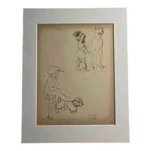 1930 Dog Portrait With Children Matted Print