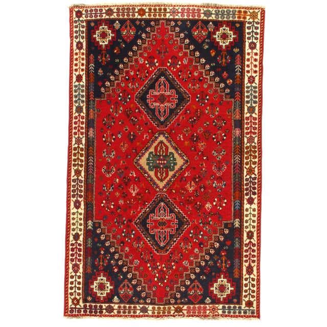 1950s Semi-Vintage Persian Shiraz Afshar Qashqai Rug - 4′ × 6′9″ For Sale