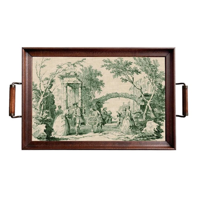 Green Toile De Jouy Wood and Glass Tray, Antique Style, Large For Sale