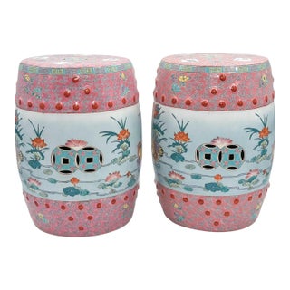 Late 20th Century Pair of Famille Rose Porcelain Garden Stools With Floral and Figural Motifs For Sale