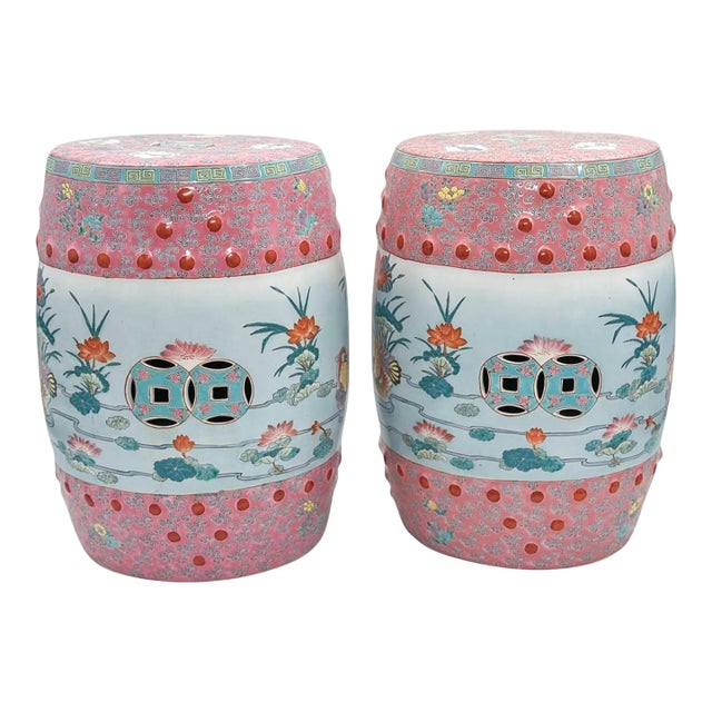 Late 20th Century Pair of Famille Rose Porcelain Garden Stools With Floral and Figural Motifs For Sale