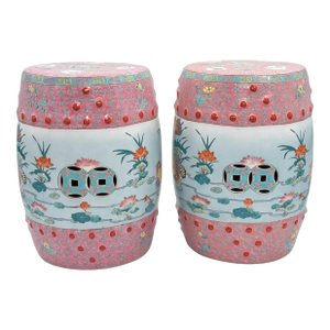 Late 20th Century Pair of Famille Rose Porcelain Garden Stools With Floral and Figural Motifs