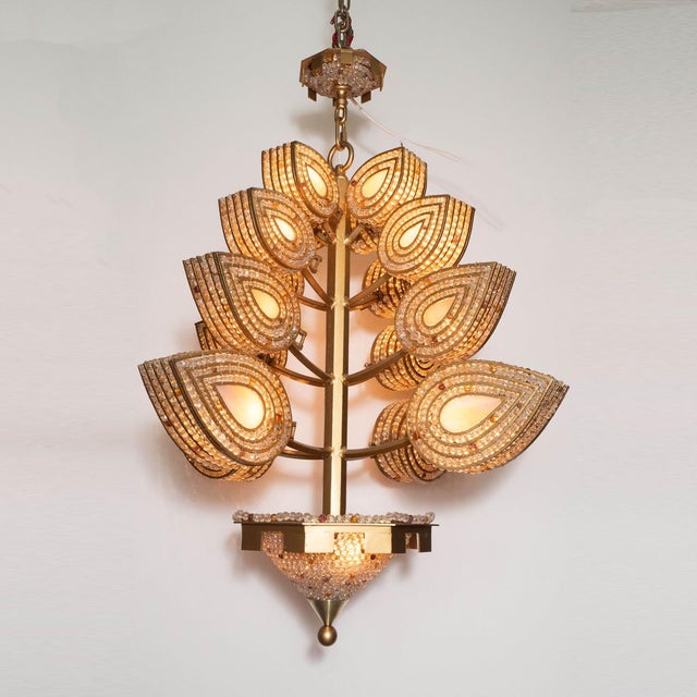 Mid-Century Modern Beaded and Stained Glass Foliate Motif Chandelier by Marcelo Bessa For Sale - Image 3 of 13