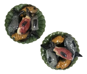 C. 1900 Portuguese Majolica Palissy Wall Fishs Platter Jose Alves Cunha -A Pair
