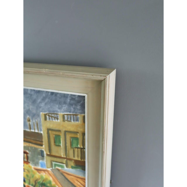 Textile 1974 Modernist 'Sunlit Terraces' Swedish Expressive Townscape Scene Oil Painting, Framed For Sale - Image 7 of 11