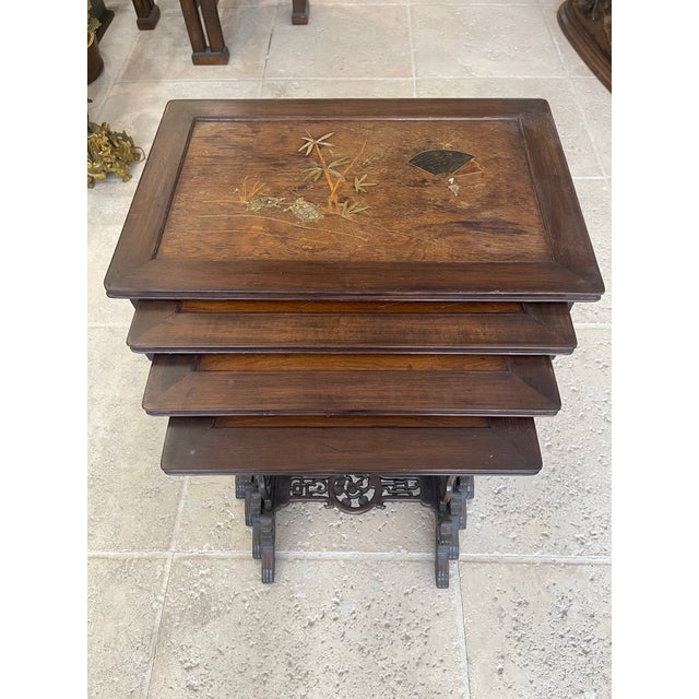 Antique French Japonisme Art Nouveau Nesting Tables 1890 table side table marquetry with mother of pearl on a top of each...