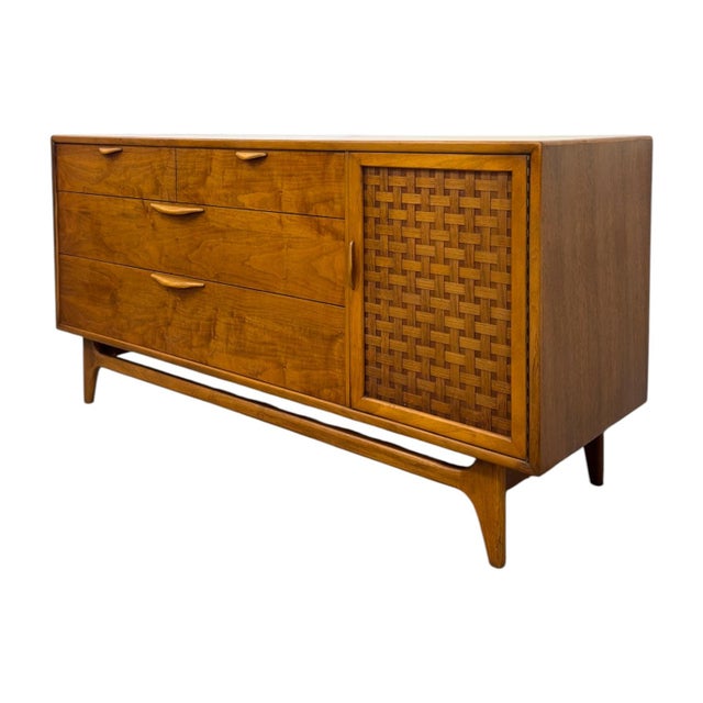 Vintage Mid Century Modern Lane Perception Walnut Lowboy Dresser Credenza With Basketweave Door.. For Sale - Image 4 of 10
