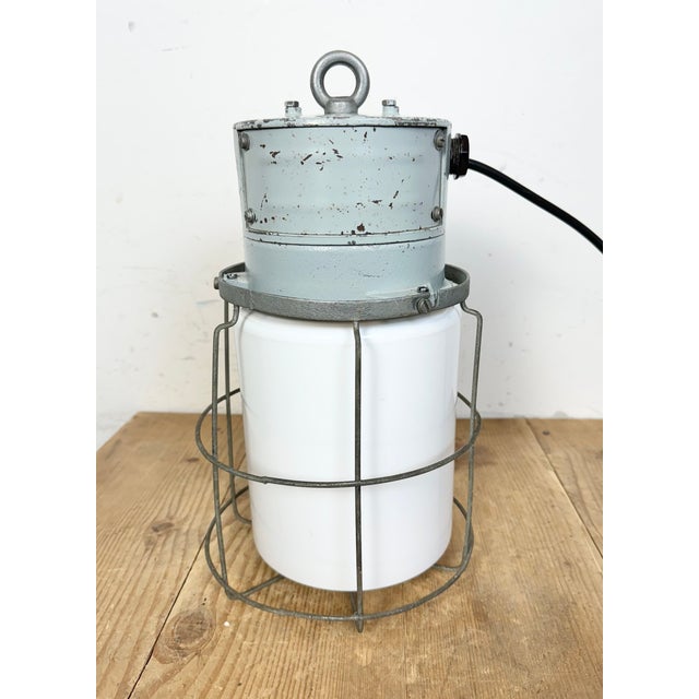 Industrial Aluminium Cage Light with Milk Glass from Elektrosvit, 1970s For Sale - Image 10 of 15