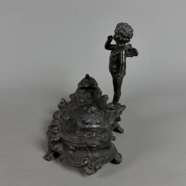 Inkwell for Writing Desk with Winged Putto in Burnished Antimony, 20th Century For Sale - Image 5 of 12