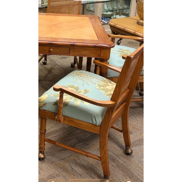 Chestnut Faux Bamboo Table Set, Mahjong, Card/Game Table With 4 Chairs. Fully Refurbished With New Upholstery. For Sale - Image 8 of 8