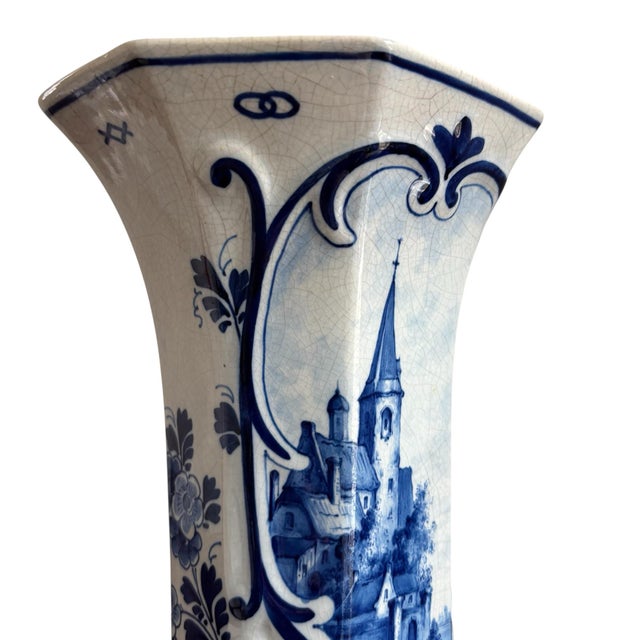 Early 20th Century Antique Royal Delft (1908) Hand Painted Romantic Scene Blue White Beaker Vase For Sale - Image 5 of 9