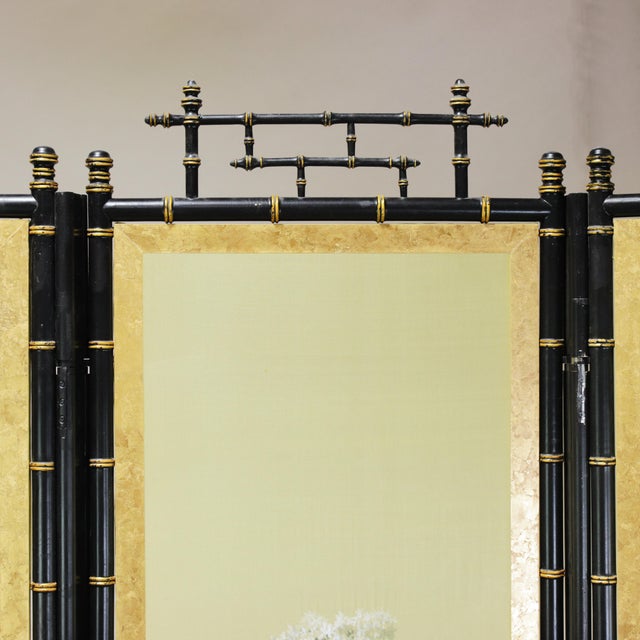 Vintage Neoclassical Four-Panel Folding Screen – Hand-Painted Silk With Faux Bamboo Frame For Sale In New York - Image 6 of 15