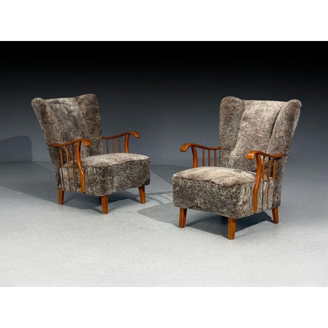 Swedish Modern, Lounge Chairs, Elm, Gray Shearling, Sweden, 1940s For Sale - Image 4 of 16