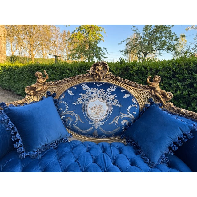 1940 French Louis XVI Gold Beech Blue Velvet Settee For Sale - Image 12 of 18